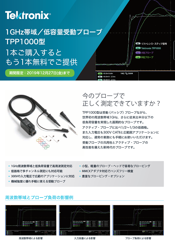 テクトロニクス 1GHz帯域／低容量受動プローブTPP1000型1本ご購入で